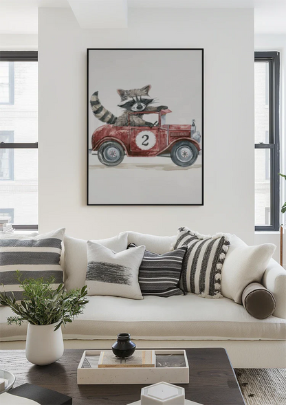 Niedliches Waschbär Rotes Vintage-Rennwagen Kinderzimmer Wandbild