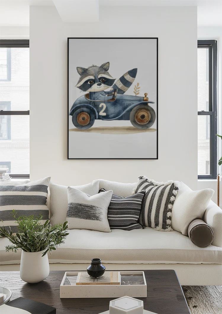 Schattige Wasbeer Blauwe Raceauto Nummer Twee Kinderkamer Schilderij