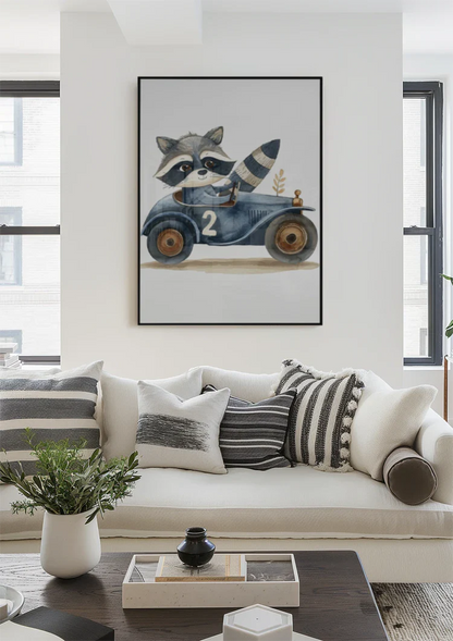 Schattige Wasbeer Blauwe Raceauto Nummer Twee Kinderkamer Schilderij
