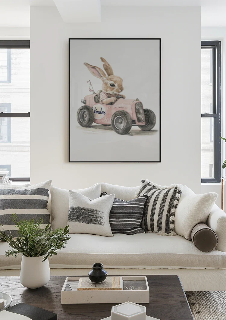 Cute Rabbit Pink Vintage Car Nursery Painting