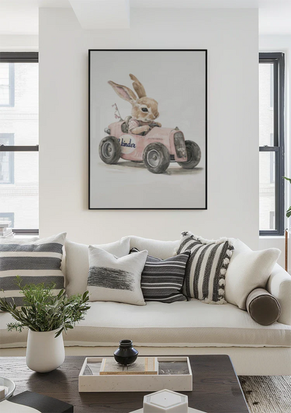 Cute Rabbit Pink Vintage Car Nursery Painting