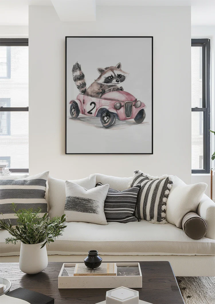 Niedliches Waschbär Rosa Oldtimer Kinderzimmer Gemälde