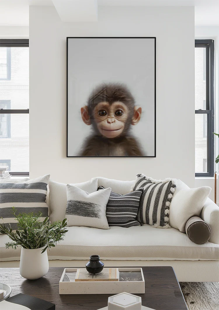 Jong Aapje Grote Ogen Portret Witte Achtergrond Schilderij