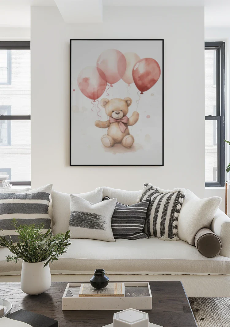 Teddybeer Roze Ballonnen Kinderkamer Schattig Aquarel Schilderij