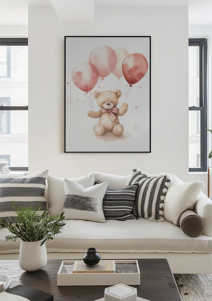 Teddybeer Roze Ballonnen Kinderkamer Schattig Aquarel Schilderij