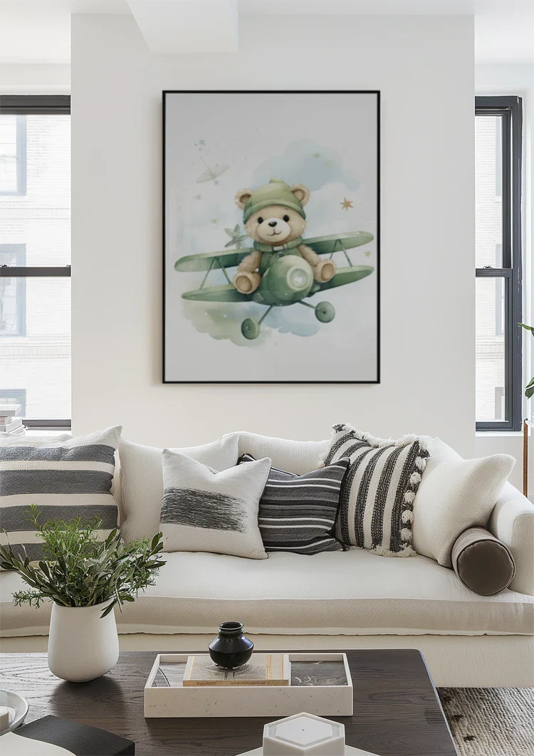 Teddybär Grün Flugzeug Sterne Kinderzimmer Aquarellmalerei