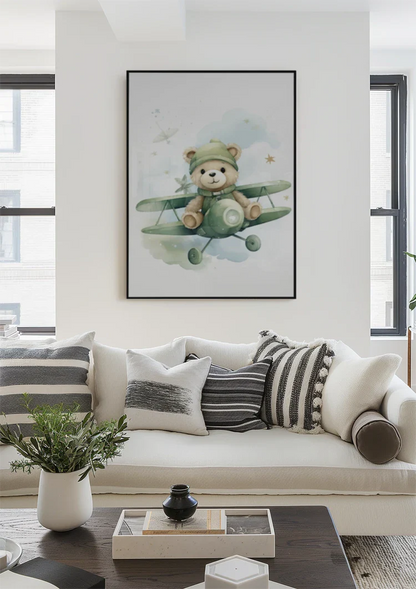 Teddybär Grün Flugzeug Sterne Kinderzimmer Aquarellmalerei