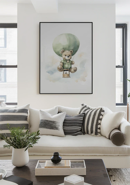 Teddybär Grüner Heißluftballon Wolken Kinderzimmer Aquarell Gemälde