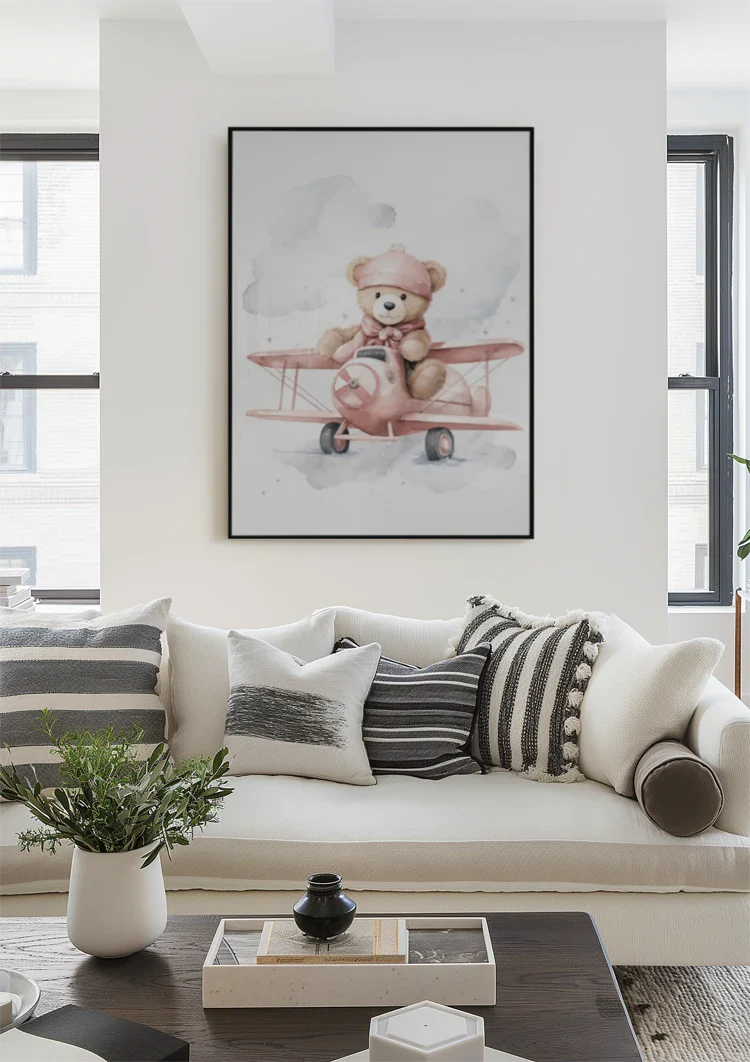 Teddybär Rosa Flugzeug Wolken Kinderzimmer Aquarell Malerei