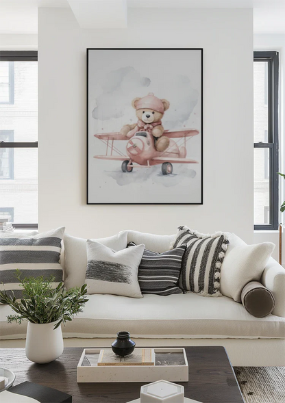 Teddybär Rosa Flugzeug Wolken Kinderzimmer Aquarell Malerei