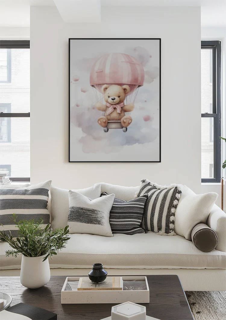 Niedlicher Teddybär Rosa Heißluftballon Wolken Verträumtes Kinderzimmer Gemälde