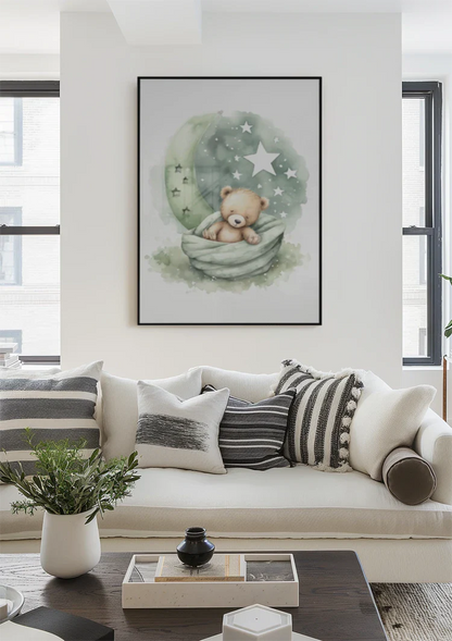 Schlafender Teddybär Grüne Mond Sterne Decke Verträumtes Kinderzimmer Gemälde
