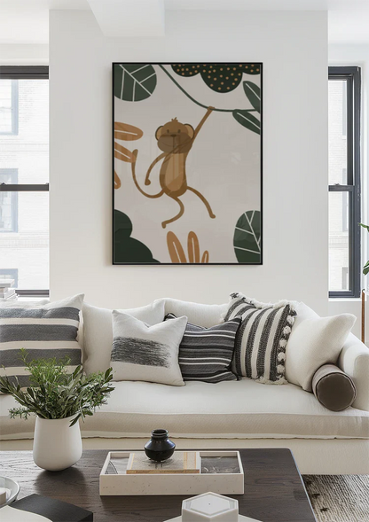 Lachender Affe Liane Grüne Blätter Verspielter Dschungel Kinderzimmer Gemälde