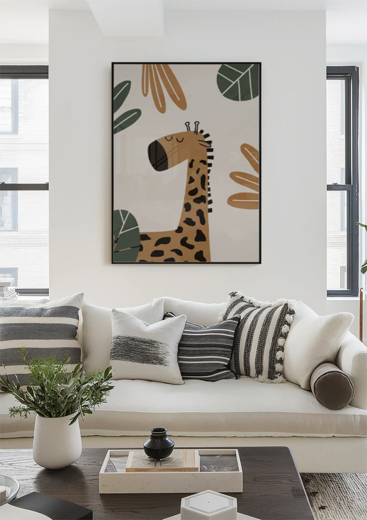 Niedliche Giraffe Geschlossene Augen Tropische Blätter Erdtöne Kinderzimmer Bild