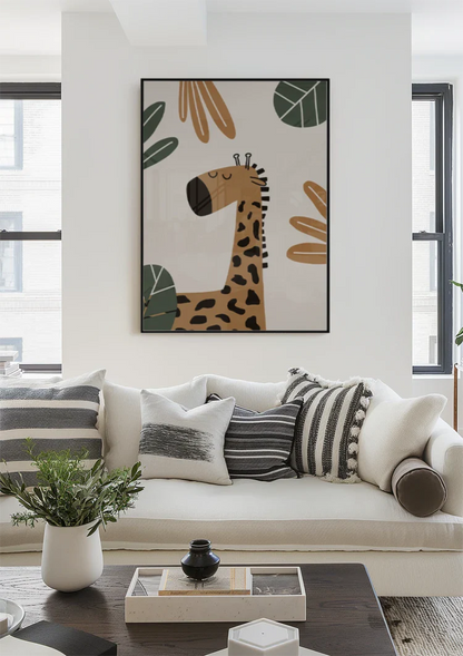 Niedliche Giraffe Geschlossene Augen Tropische Blätter Erdtöne Kinderzimmer Bild
