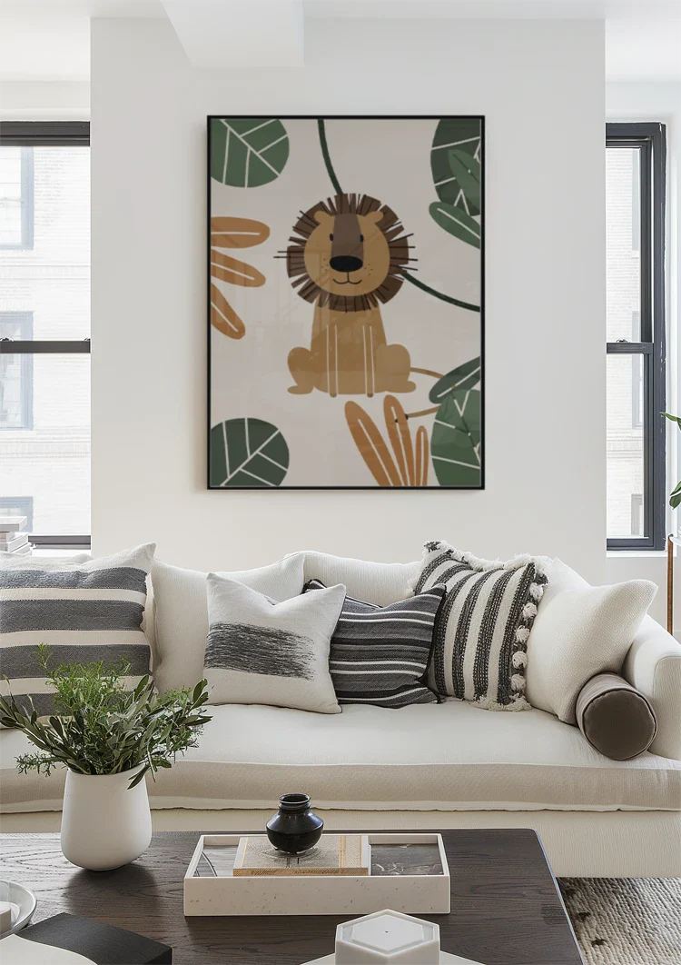 Niedliche Löwen-Illustration Tropische Blätter Dschungel Kinderzimmer-Gemälde