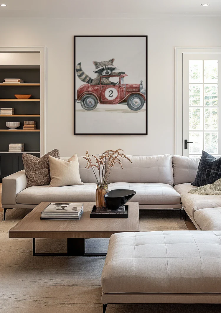 Niedliches Waschbär Rotes Vintage-Rennwagen Kinderzimmer Wandbild