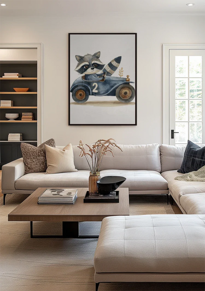 Schattige Wasbeer Blauwe Raceauto Nummer Twee Kinderkamer Schilderij