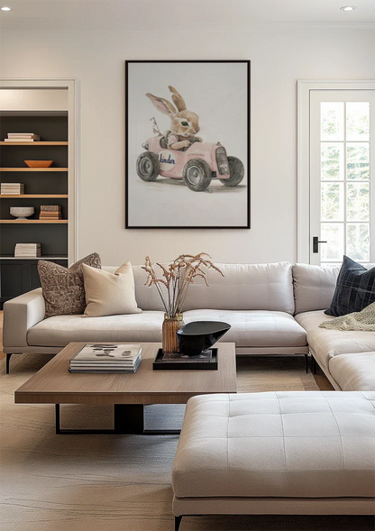 Cute Rabbit Pink Vintage Car Nursery Painting