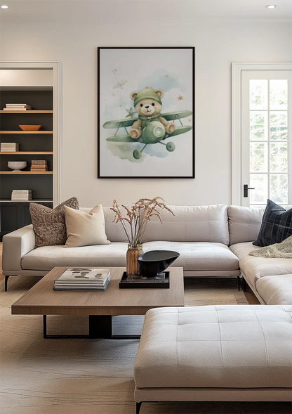 Teddy Bear Green Airplane Pilot Watercolor Nursery Painting