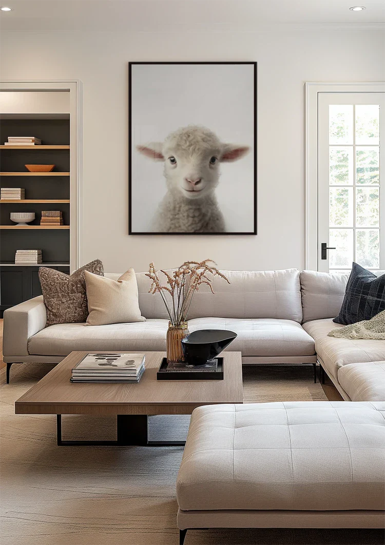 Niedliches Lamm Lockige Wolle Rosa Ohren Weiß Porträt Minimalistisches Gemälde