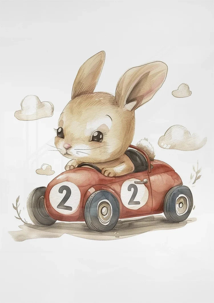 Cute Bunny in Red Race Car Nursery Illustration Painting