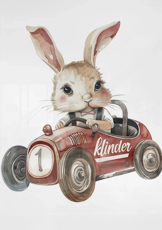 Konijn in de raceauto canvas schilderij aan de muur boven het bed in de slaapkamer