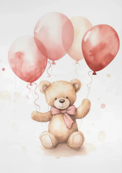 Teddybeer Roze Ballonnen Kinderkamer Schattig Aquarel Schilderij