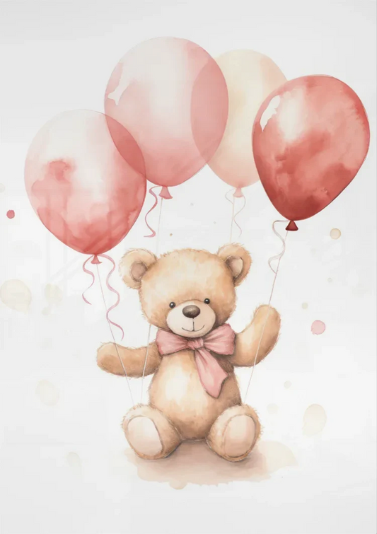 Teddybeer met ballonnen canvas schilderij aan de muur boven het bed in de slaapkamer