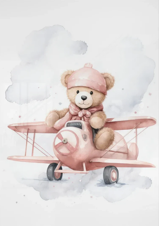 Teddybeer met vliegtuig canvas schilderij aan de muur boven het bed in de slaapkamer