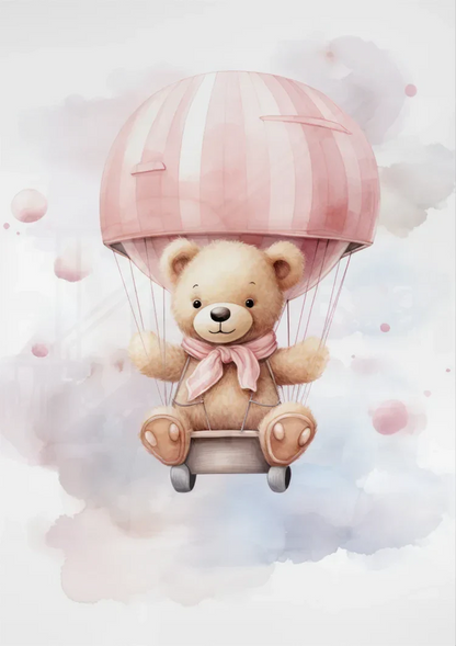 Niedlicher Teddybär Rosa Heißluftballon Wolken Verträumtes Kinderzimmer Gemälde