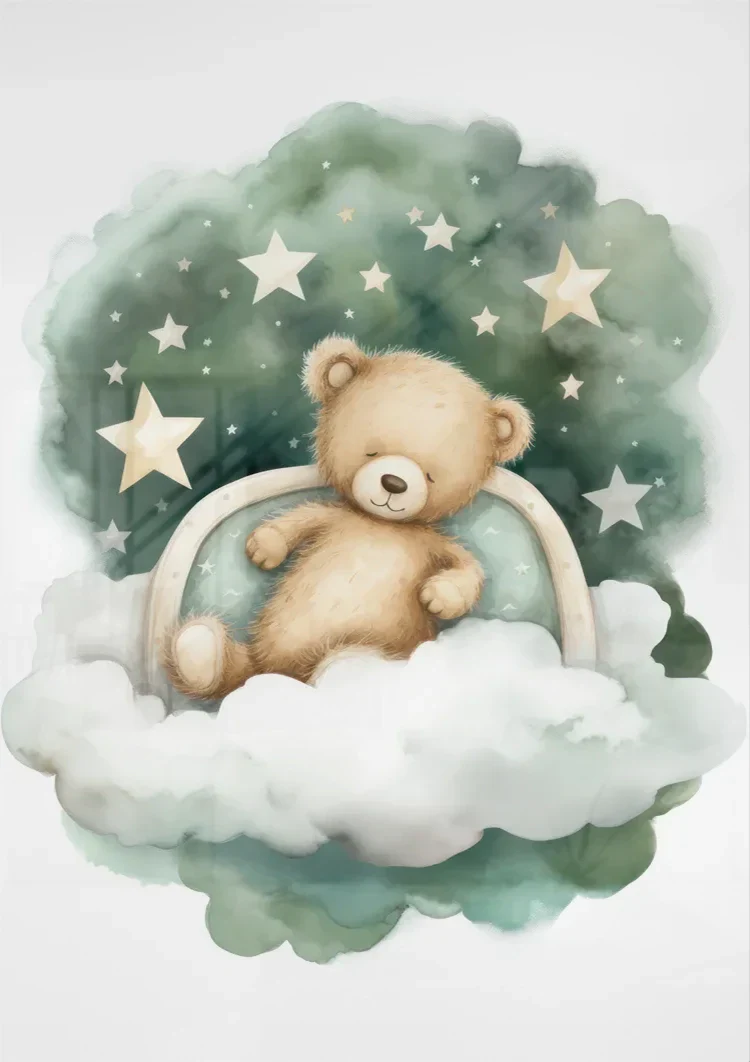 Schlafender Teddybär Wolke Sterne Aquarell Verträumtes Kinderzimmergemälde