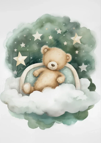 Schlafender Teddybär Wolke Sterne Aquarell Verträumtes Kinderzimmergemälde