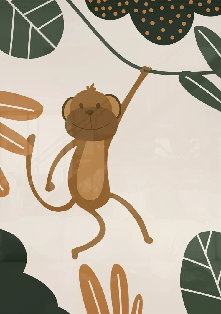 Lachender Affe Liane Grüne Blätter Verspielter Dschungel Kinderzimmer Gemälde