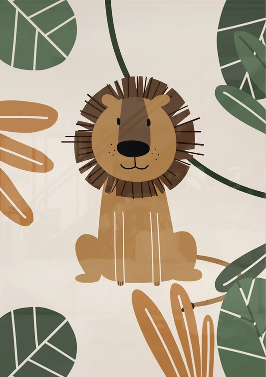 Leeuw tussen jungle bladeren canvas schilderij aan de muur boven het bed in de slaapkamer.