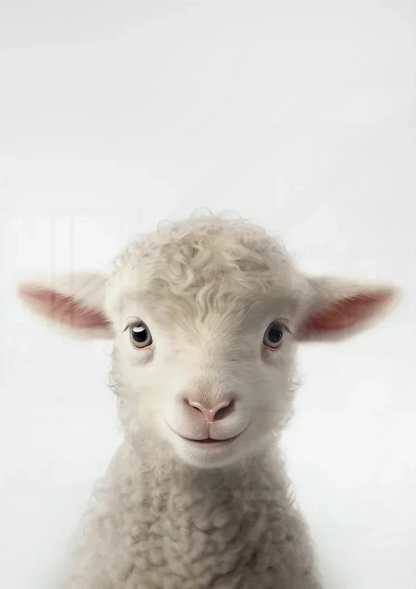 Niedliches Lamm Lockige Wolle Rosa Ohren Weiß Porträt Minimalistisches Gemälde