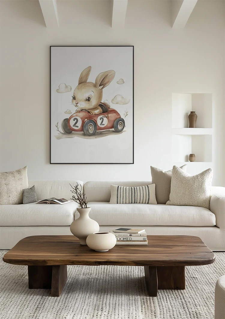 Cute Bunny in Red Race Car Nursery Illustration Painting