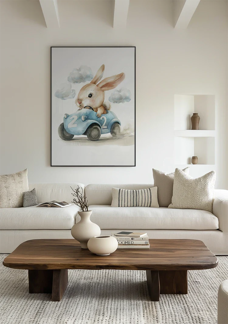Cute Bunny in Blue Race Car Nursery Illustration Painting