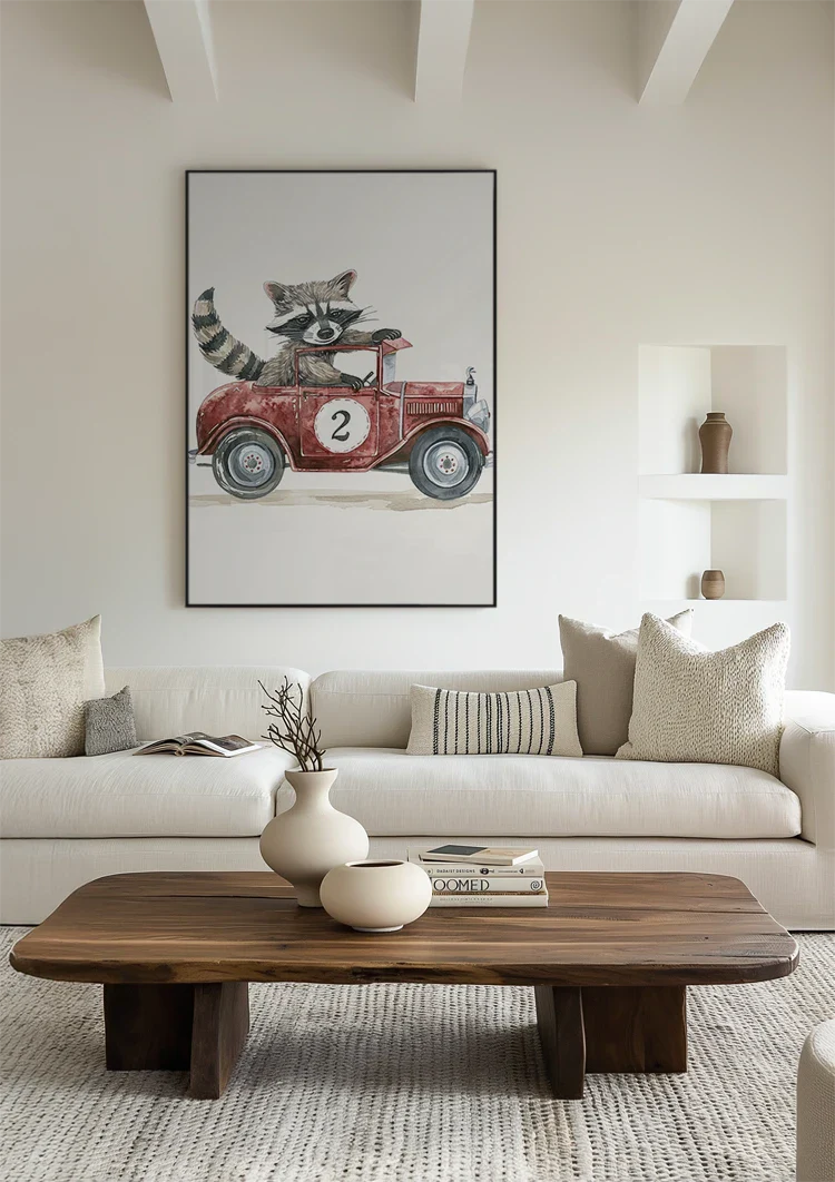 Niedliches Waschbär Rotes Vintage-Rennwagen Kinderzimmer Wandbild