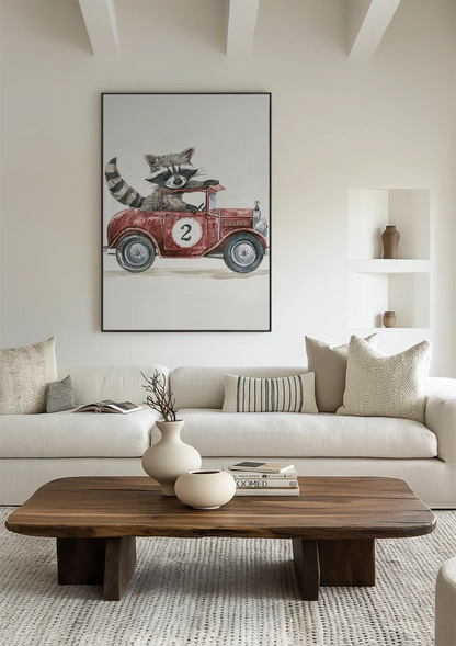 Niedliches Waschbär Rotes Vintage-Rennwagen Kinderzimmer Wandbild