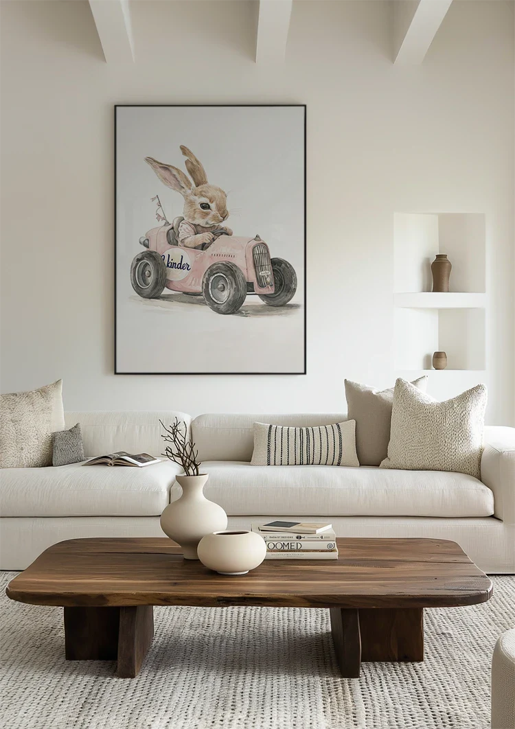 Cute Rabbit Pink Vintage Car Nursery Painting