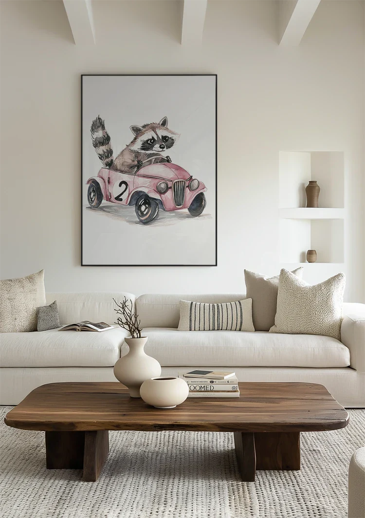 Niedliches Waschbär Rosa Oldtimer Kinderzimmer Gemälde
