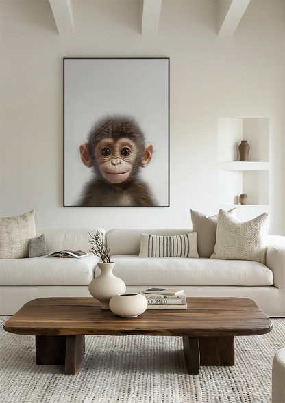 Jong Aapje Grote Ogen Portret Witte Achtergrond Schilderij