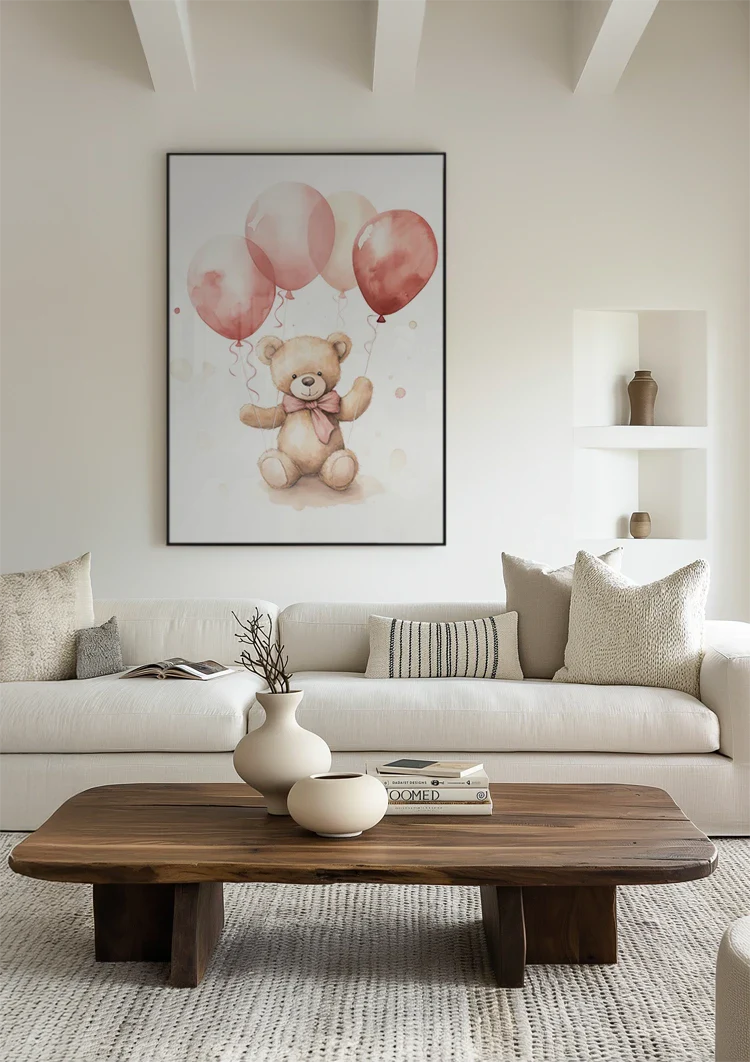 Teddybeer Roze Ballonnen Kinderkamer Schattig Aquarel Schilderij