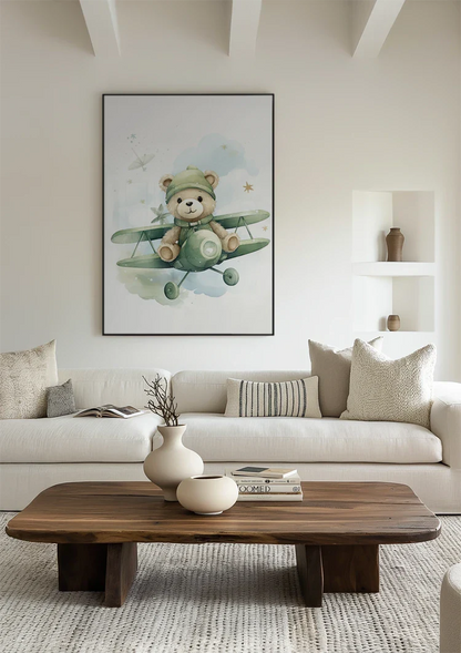 Teddy Bear Green Airplane Pilot Watercolor Nursery Painting