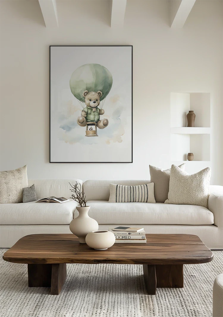Teddybär Grüner Heißluftballon Wolken Kinderzimmer Aquarell Gemälde