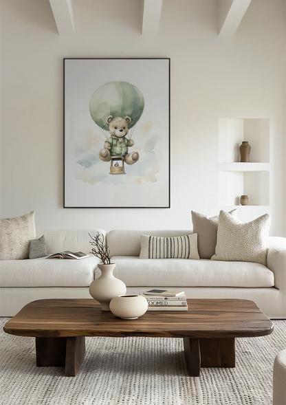 Teddybär Grüner Heißluftballon Wolken Kinderzimmer Aquarell Gemälde