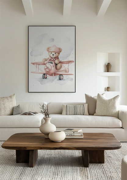 Teddybär Rosa Flugzeug Wolken Kinderzimmer Aquarell Malerei