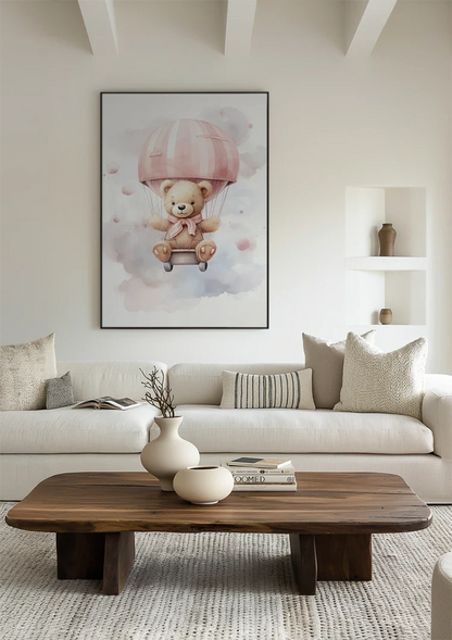 Niedlicher Teddybär Rosa Heißluftballon Wolken Verträumtes Kinderzimmer Gemälde