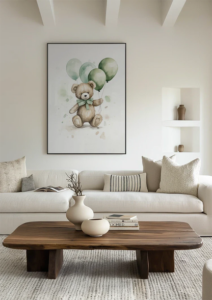 Niedlicher Teddybär Brauner Pelz Grüne Ballons Schleife Kinderzimmer Gemälde